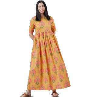 Vishudh Women Mustard Orange & Pink Floral Print Maxi Dress at Rs.1031